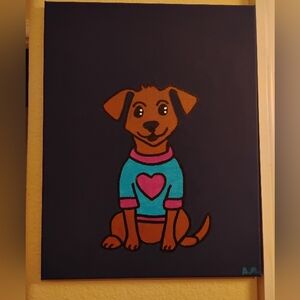 brown dog painting on canvas size 11 x 14 inches pink blue
